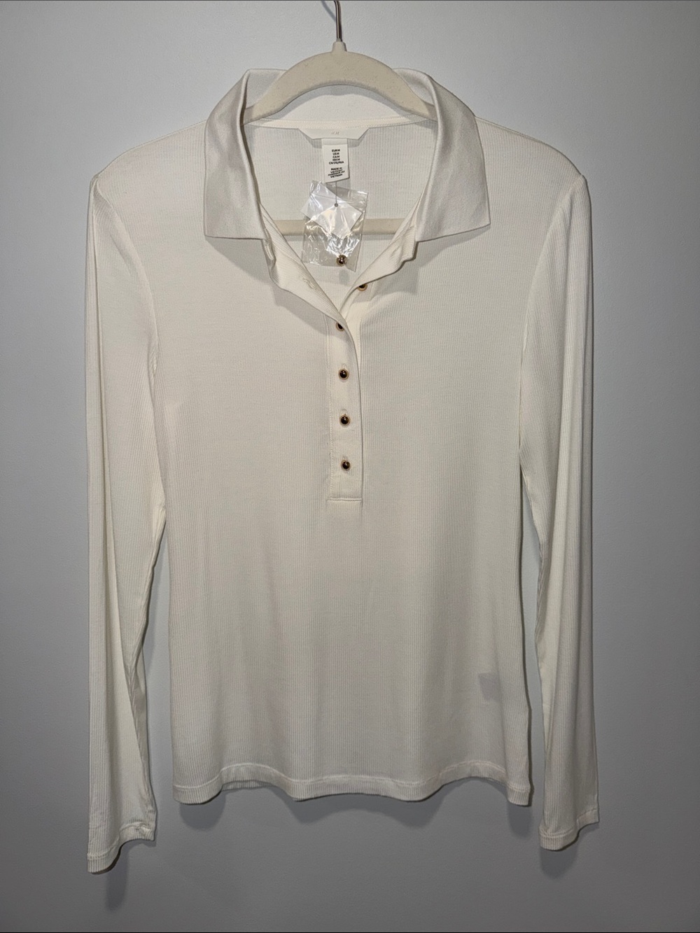 H&M M White Fitted Collared Long Sleeve Knti Ribbed Gold Tone Button Polo Shirt